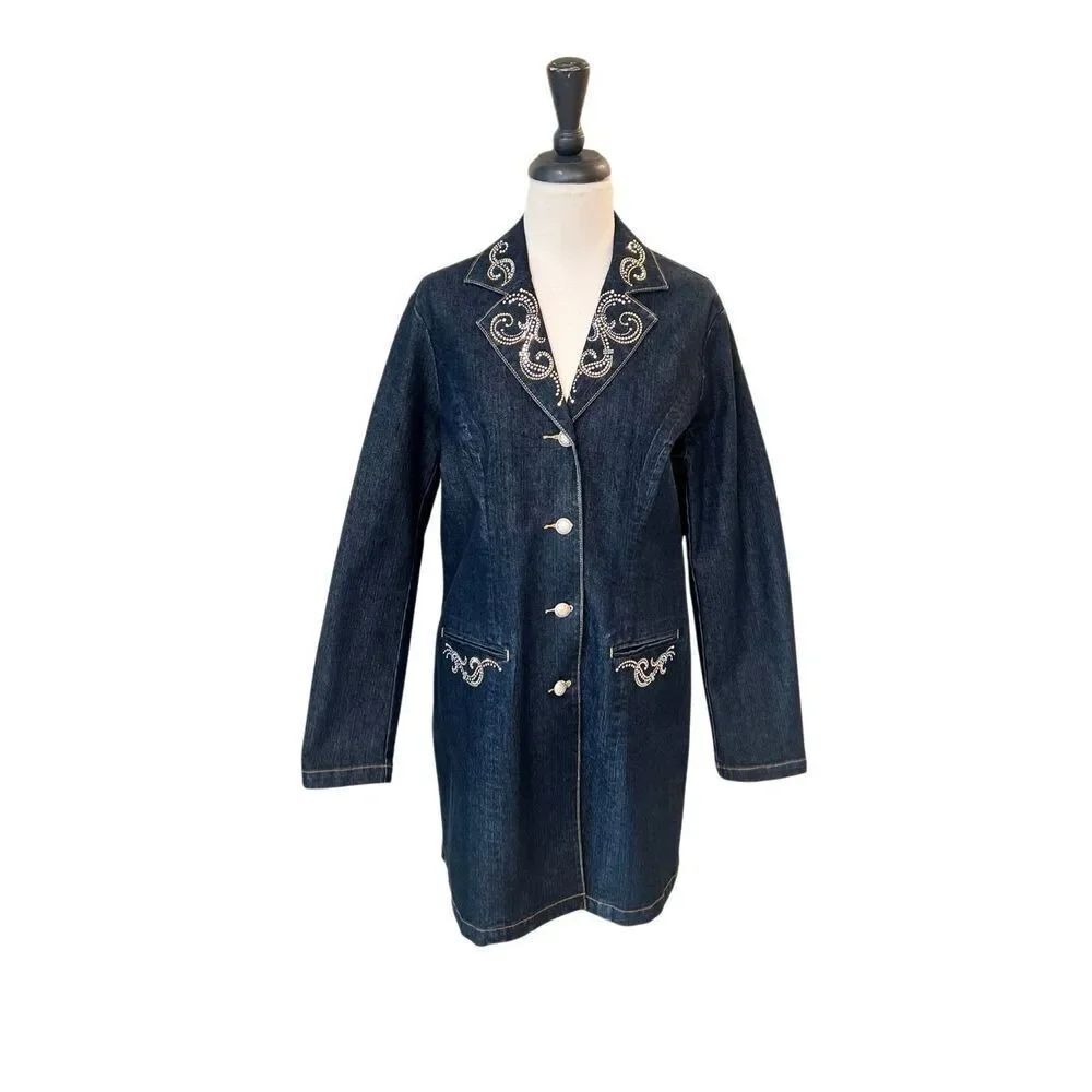 Christine Alexander Women's Crystal Studs Long Denim Trench Jacket Blue Large